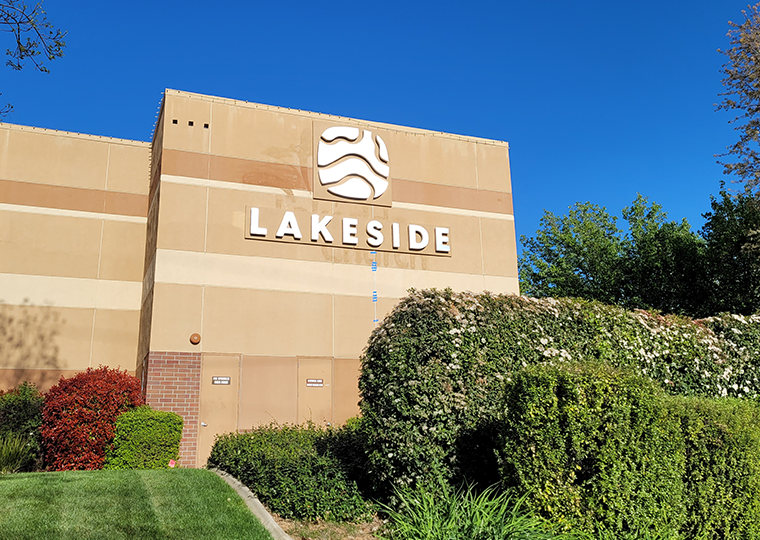 xterior wall sign for Lakeside facility with custom dimensional logo fabricated and installed by Sign Masters, Sacramento building signage company.